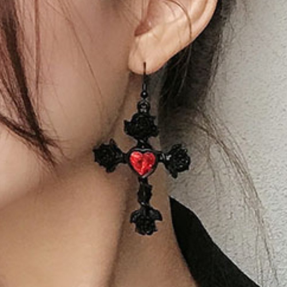 Rose Flower Black Cross Earrings